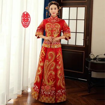 

Traditional Chinese Women Red Toast Clothing Classic Full Length High Quality Embroidery Phoenix Cheongsam Marriage Qipao Set