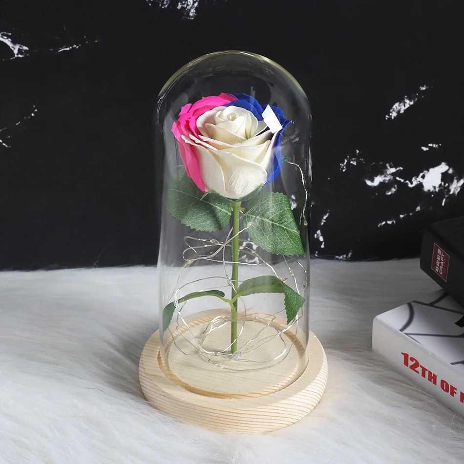 Новое искусственное мыло с цветком розы Led светящаяся красная роза в стеклянном куполе на деревянной базе подарки на день рождения украшения