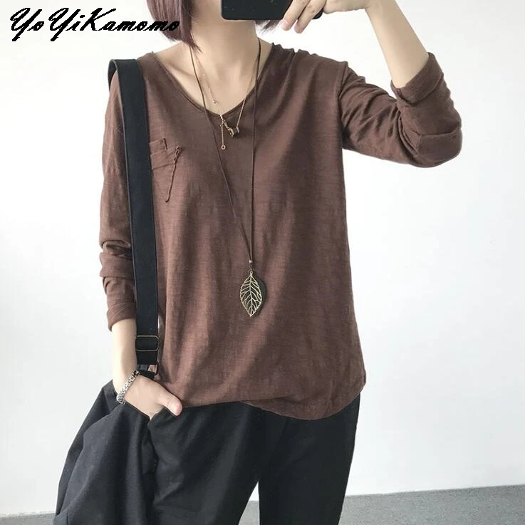  Cotton Women Shirt 2018 New Autumn Long Sleeve Blouse Comfortable V-neck Solid Color Loose Casual W