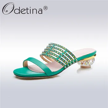 

Odetina Fashion Genuine Leather Rhinestone Slippers Summer Comfortable Transparent Med Heels Open Toes Women Slides Shoes
