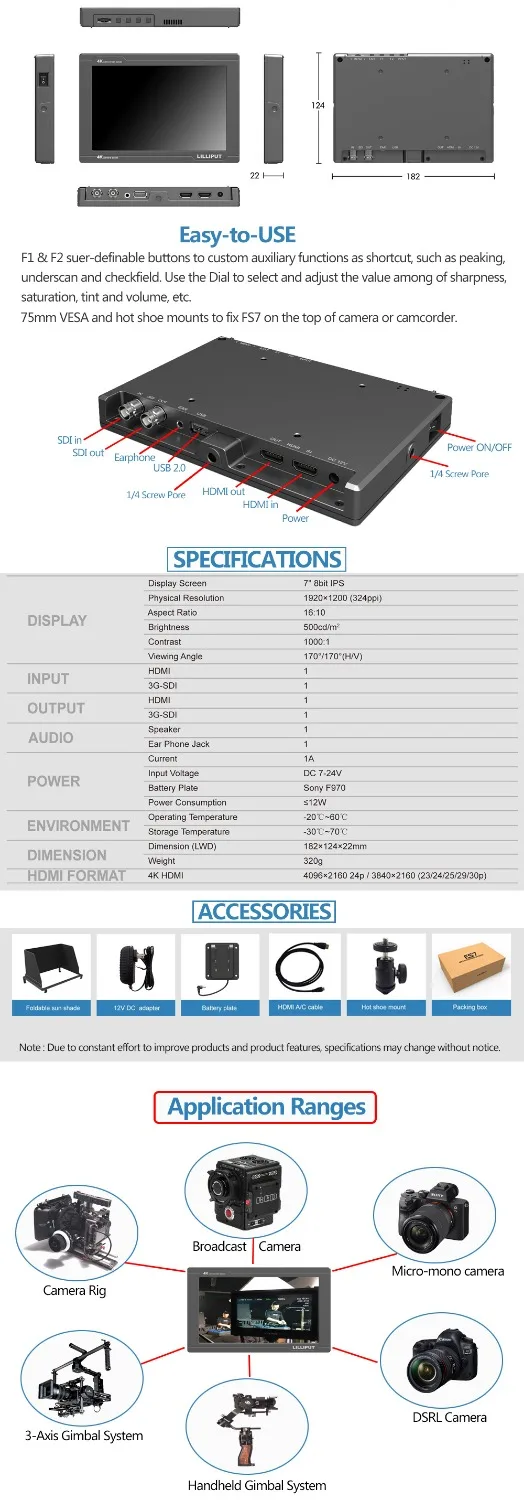 Видеомонитор Lilliput F7S с ЖК дисплеем 7 дюймов 4K HDMI 3G SDI вход 1920*1200 дисплей для красной