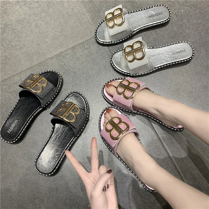 

2019 Summer Fashion Big Bowtie Women Slides Beach Sandals Metal Ladies Slippers Female Platform Casual Low Heel Flip Flops