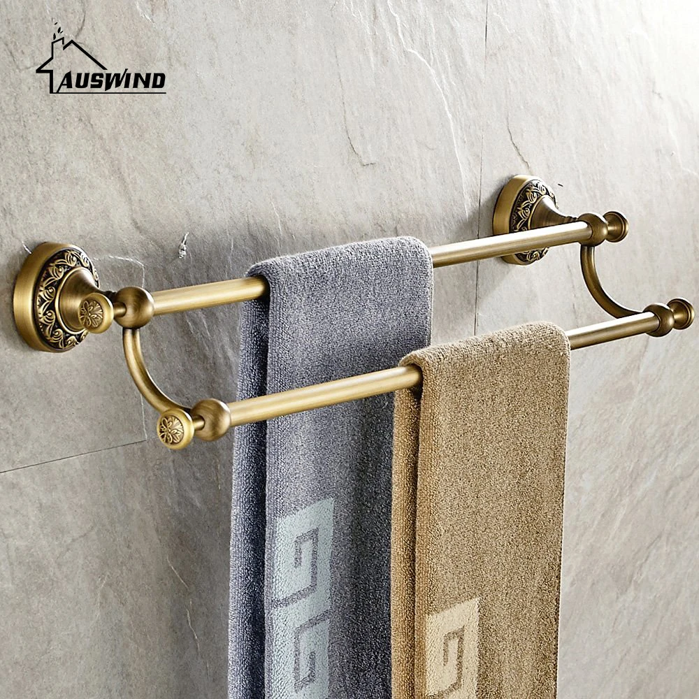 Antique European Solid Brass Towel Bars 2 Layers Towel Bar Gold Polish Towel Rack 60 Cm Wall Mounted Bathroom Accessories Set