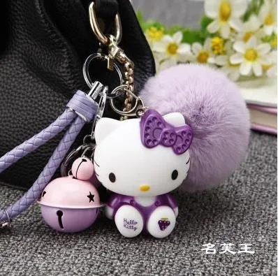 

Cartoon Anime Hello Kitty Pink Cat colorful Bells Bunny Fur pom pom Pompoms Key chain Keychain Women bag pendant Accessories