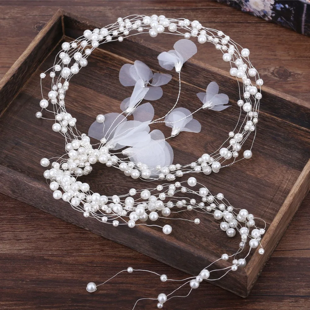 

KMVEXO Pearl Tiara Long Headbands Handmade Women Yarn Floral Hairbands Jewelry Fashion Bridal Headpiece Wedding Hair Accessories