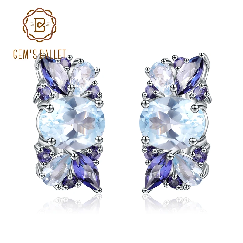 

GEM'S BALLET 925 Sterling Silver Flower Stud Earrings Natural Sky Blue Topaz Mystic Quartz Earrings For Women Fine Jewelry