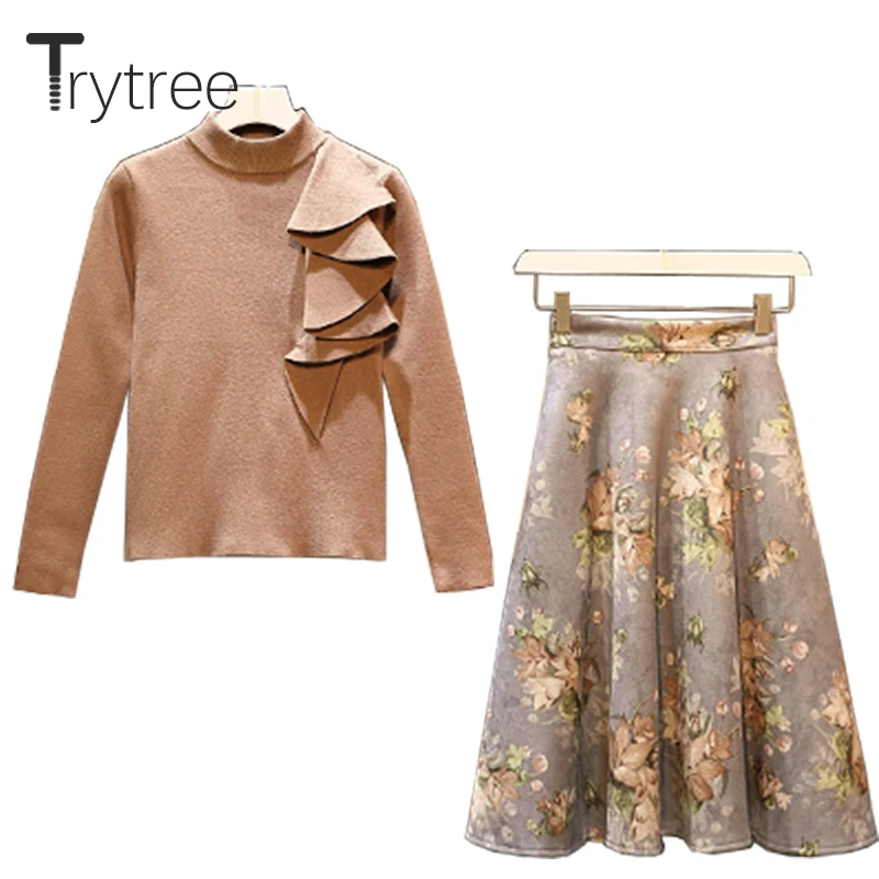 

Trytree Winter Women two piece set Casual Solid tops + skirt Ruffles Sweater Mid-Calf Floral skirt A-Line Suit Set 2 Piece Set