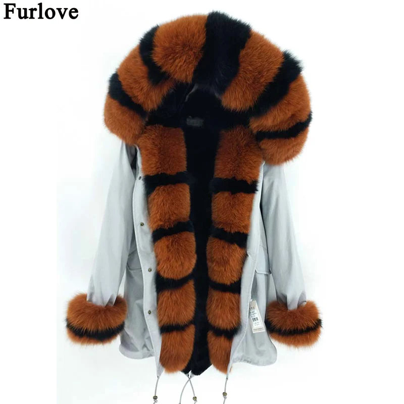 

Furlove 2018 Winter Coat Women Coat Parka Natural Real Fox Fur Collar Hood Thick Warm Fur Liner Outerwear Detachable Parkas New