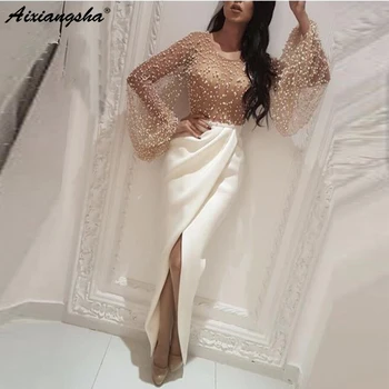 

Sexy Muslim Evening Dresses Sheath Long Sleeves Pearls Slit Islamic Dubai Saudi Arabic Long Elegant Evening Gown Prom