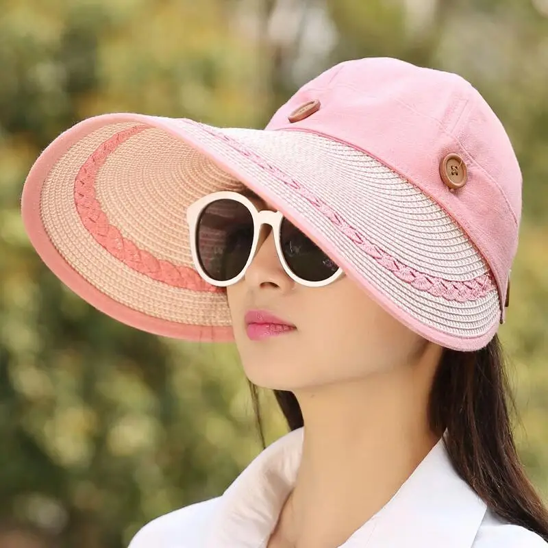 Женские шляпы с широкими большими полями, летняя пляжная шляпа от солнца, соломенная шляпа с пуговицами, летние шляпы для женщин, козырек с УФ-защитой, женская кепка