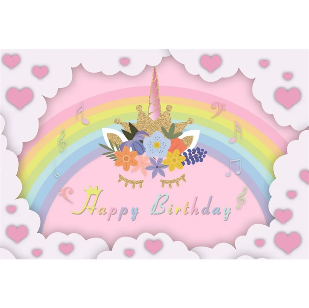Laeacco Rainbow Backgrounds Baby Birthday Unicorn Party Gold Crown Flowers Child Portrait Photography Backdrops For Photo Studio