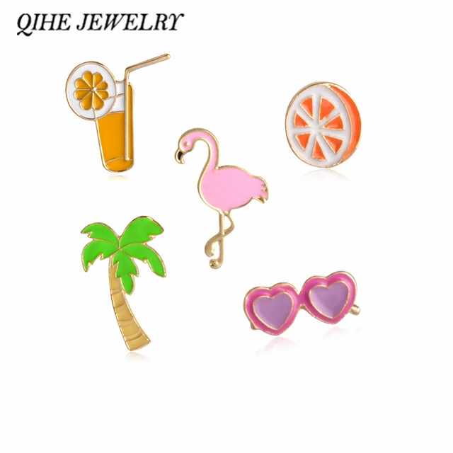 QIHE JEWELRY Coconut Orange Juice Heart Sunglasses Pink Flamingo Brooch Lapel Pi QIHE JEWELRY Coconut Orange Juice Heart Sunglasses Pink Flamingo Brooch Lapel Pi