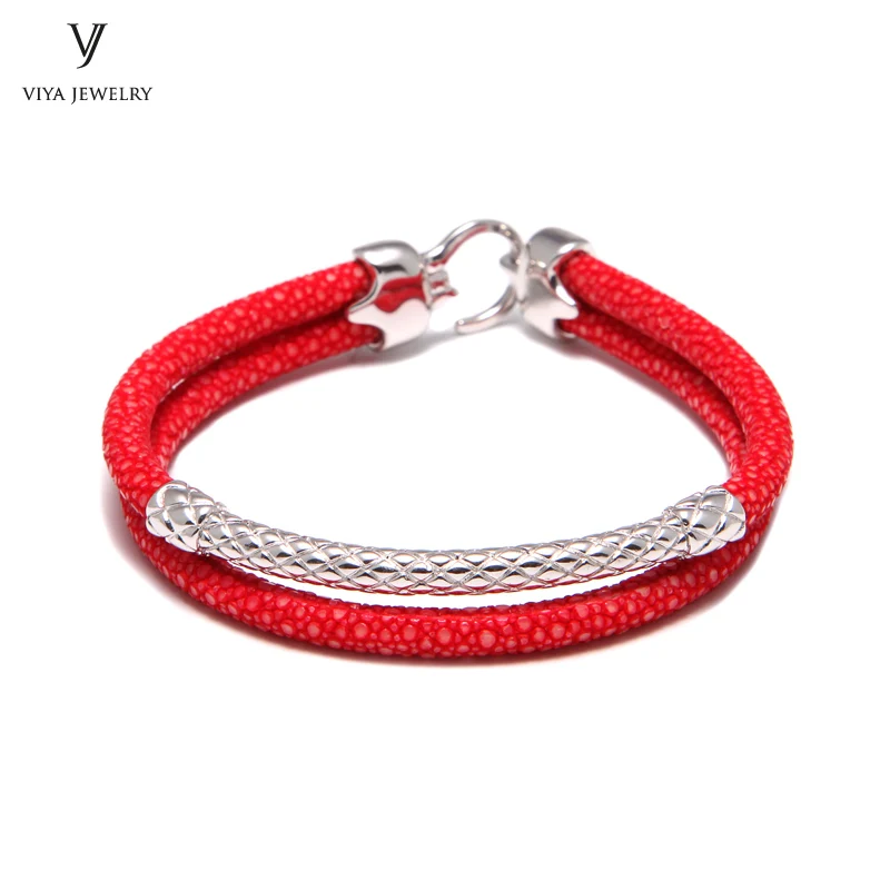 Handcrafted Luxury Custom Stingray Silver Bracelets Two hand-wrapped Stingray leather cords Men Bracelet With Pure Silver Clasp-VSST-03 (5)