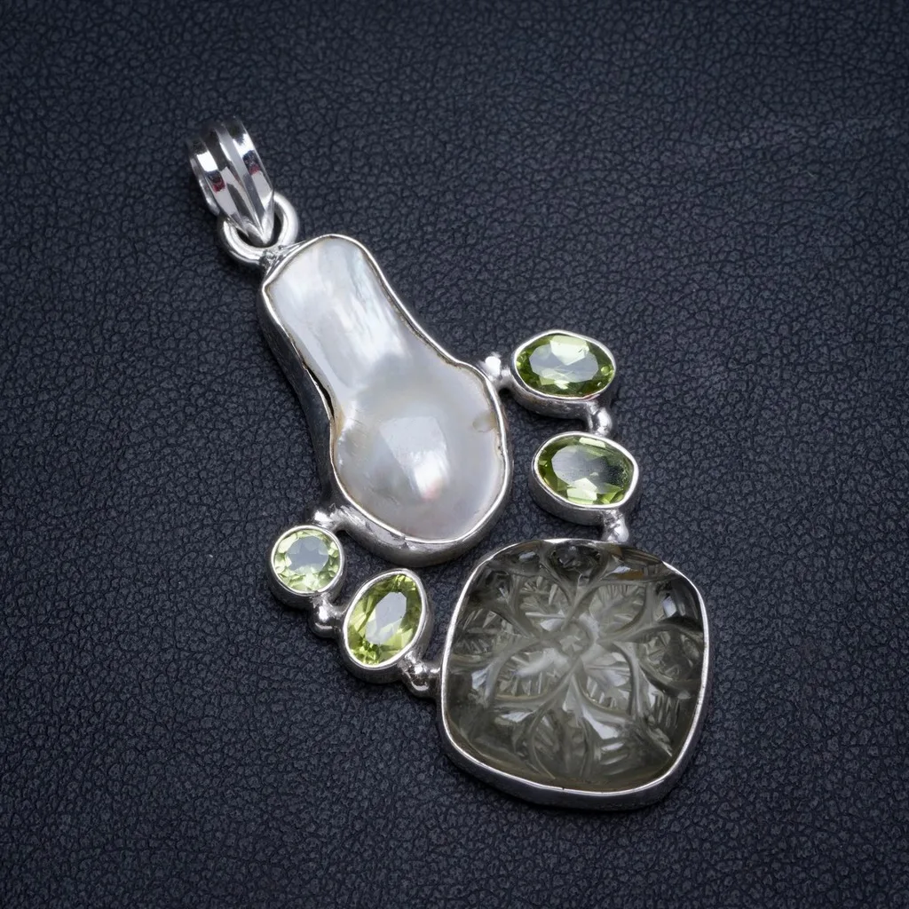 Natural Carved Green Amethyst Biwa Pearl and Peridot Handmade Unique 925 Sterling Silver Pendant 2&quot X0022 | Украшения и