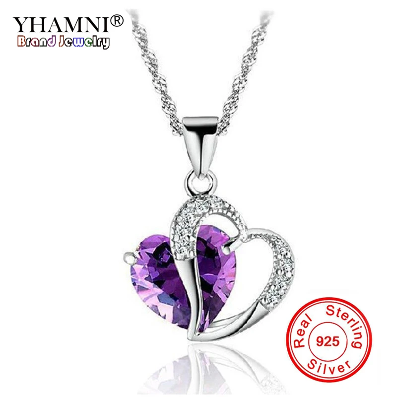 

YHAMNI Fashion 100% 925 Sterling Silver Purple Heart CZ Diamant Pendant Necklace For Women Valentine's Day gift of love YN050