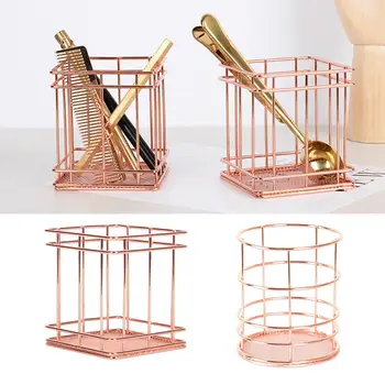

Rose Gold Metal Pen Pencil Holder Desk Stationery Organizer Wired Mesh Design Kitchen Bathroom Cosmetic Basket Panier Decoration