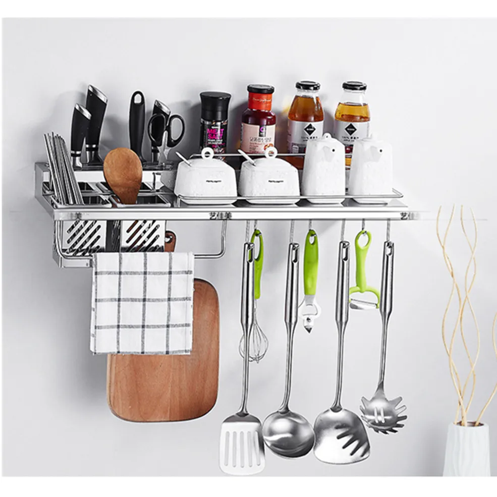  Wall Mounted Kitchen Utensil Rack Stainless Steel Pantry Cookware Dinnerware Kitchenware Shelf Stor - 32904482775