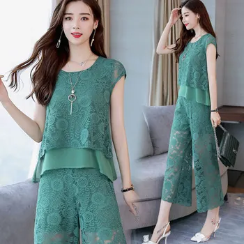 

Fashionable Lace Pant Suit 2 Piece Set Women Chic Year-old Female Costume Ensemble Femme Deux Pieces Women's Summer Suit