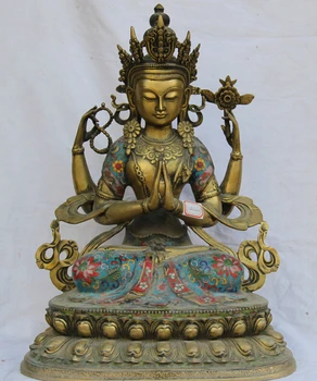 

USPS to USA S2538 19" Tibet Buddhism Cloisonne Bronze 24K Gold Gilt 4 arms Chenrezig Buddha Statue