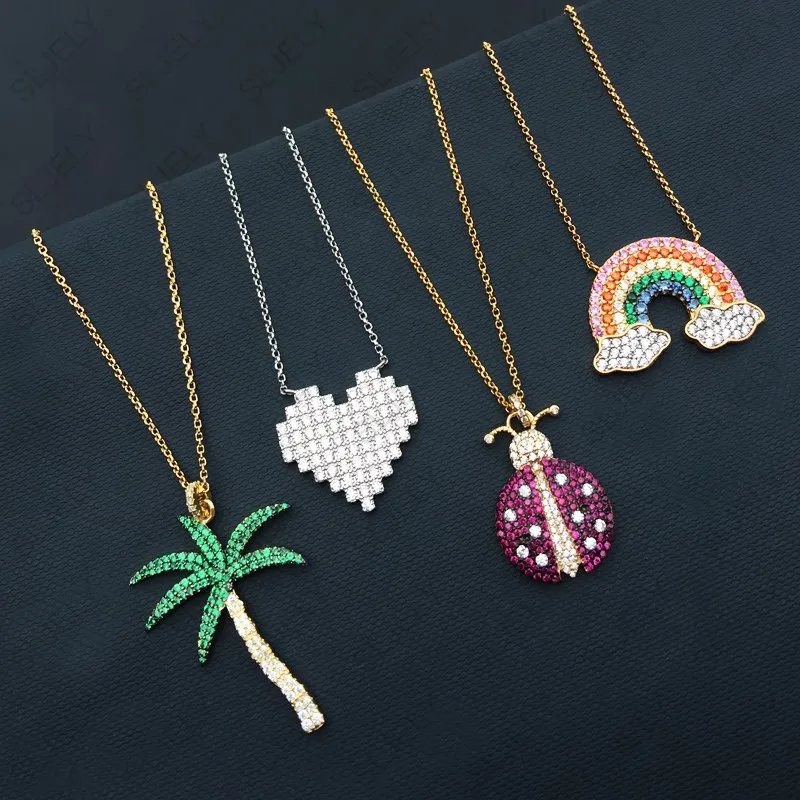 

SLJELY Women Fashion Real 925 Sterling Silver Cubic Zirconia Charm Rainbow Beetle Palm Tree Heart Pendant Necklace Adjust Chain