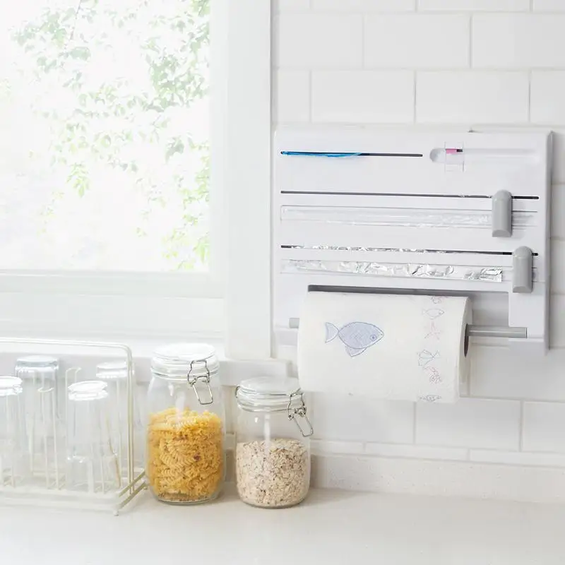 Almacenamiento de cocina Organizador de cocina Cling Film Salsa Botella Almacenamiento Rack Esta/ño Papel de aluminio Toalla de cocina Estante de cocina Envoltura de pl/ástico Herramientas de corte-Blan