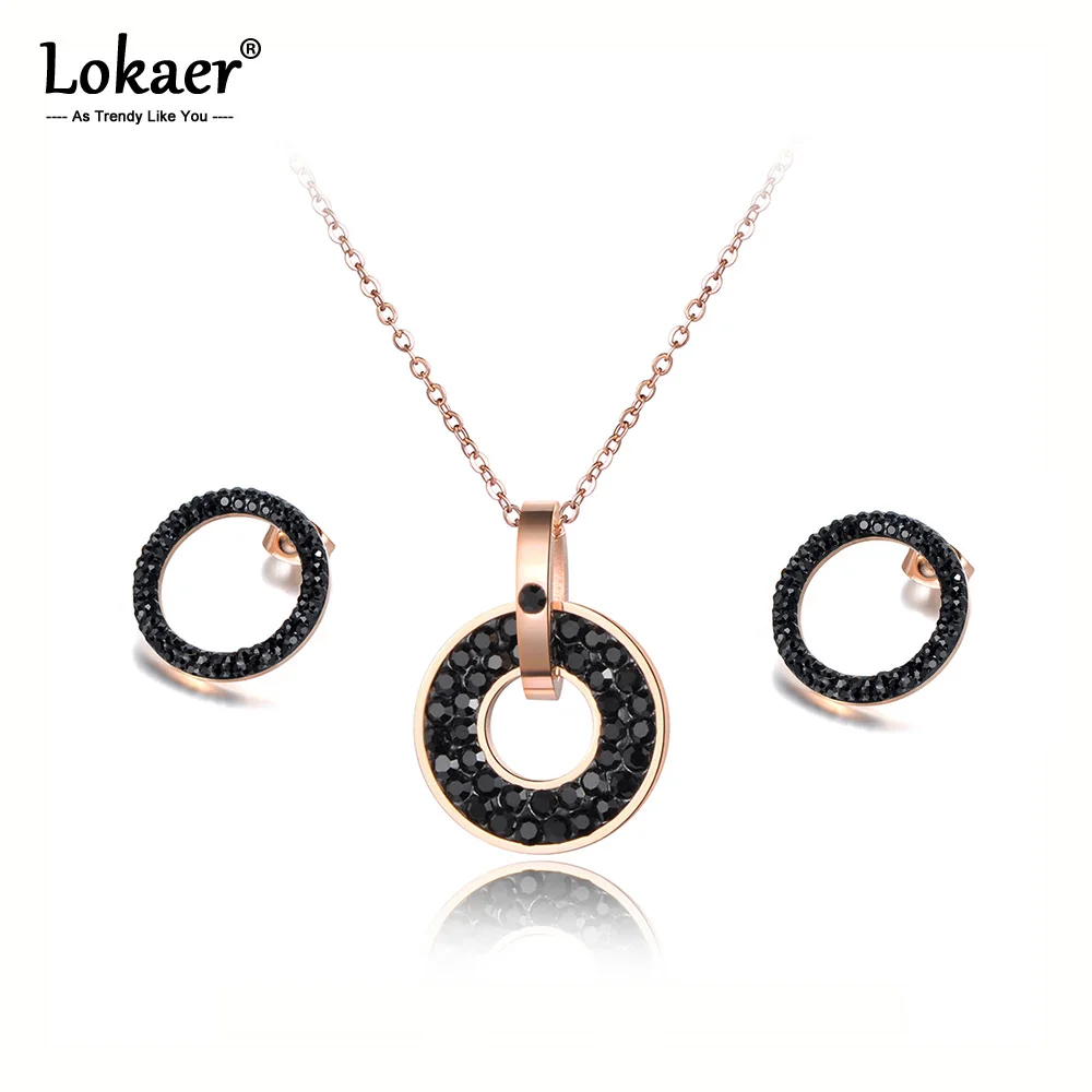 

Lokaer Trendy White/Black CZ Rhinestone Necklace Earrings Sets Titanium Steel Rose Gold Color Wedding Jewelry For Women SE020