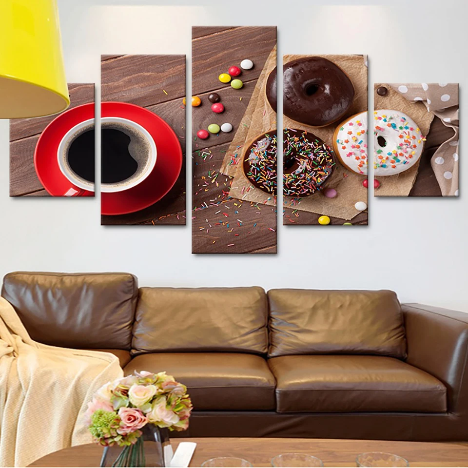 HD-Printed-Modern-Wall-Art-Painting-On-Canvas-5-Panel-Donuts-Coffee-Modular-Picture-Home-Decoration