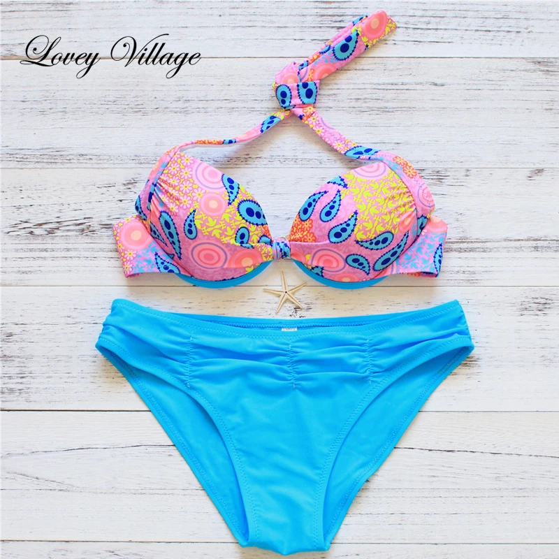 Lovey Village 2017 New Women Bikinis Push up Bikini Set Swimwear Slim Print Swimsuit Biquini Brazil Beach Bathing Suit Retro |