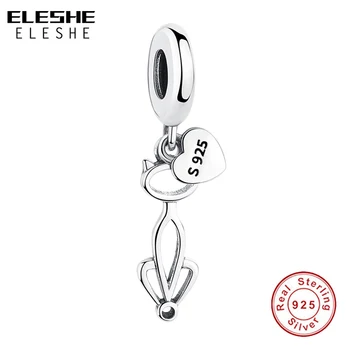 

ELESHE 2019 New 925 Sterling Silver Lovely Cat Heart Pendant Charms Fit Authentic Bracelets Necklaces Beads for Jewelry Making