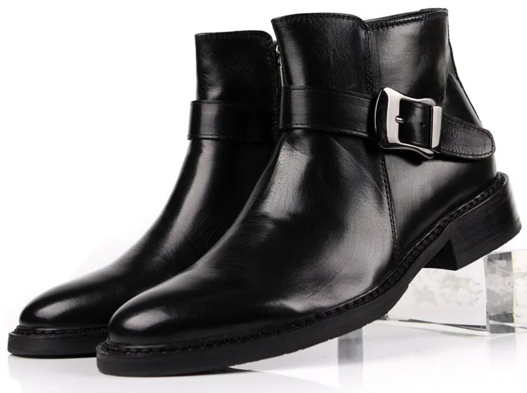 Модные мужские ботильоны; цвет коричневый, черный; ботинки в байкерском стиле из натуральной кожи; мужские ботинки с пряжкой - Цвет: Black