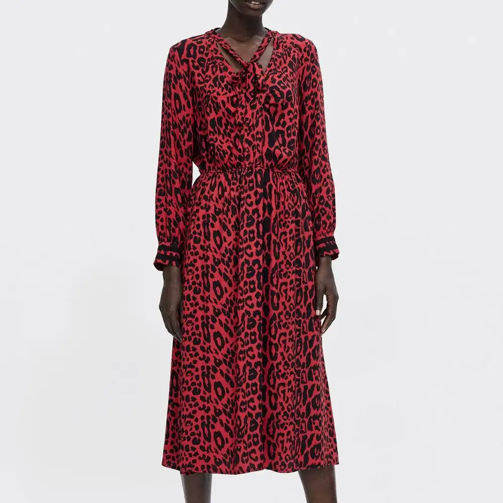 

Spring 2019 New Red Leopard Print Dress V-Neck Full Leopard A-Line Dress Women