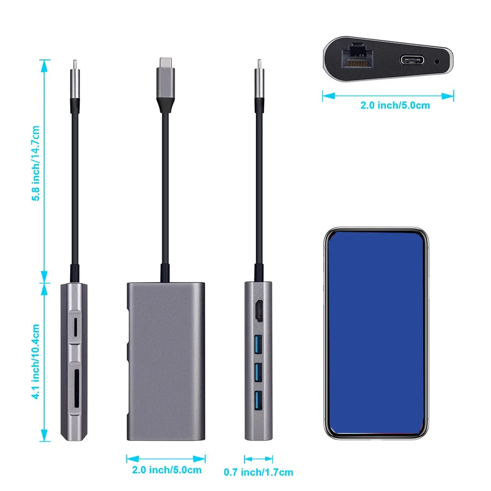 Адаптер usb Type C многопортовый адаптер HDMI выход Gigabit Ethernet SD/TF+ Micro SD карты порты 3 usb порта для MacBook samsung