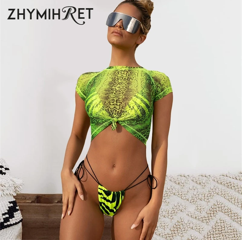 ZHYMIHRET змеиный принт неоновый сетчатый кроп Топ и леопард пуш ап бикини набор Mujer