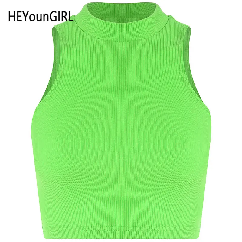 HEYounGIRL, без рукавов, неоновый зеленый укороченный топ, для женщин, Harajuku, повседневные, для девушек, летние топы, футболки, одноцветные, высокая улица, Croptop, корейские, вечерние - Цвет: Армейский зеленый