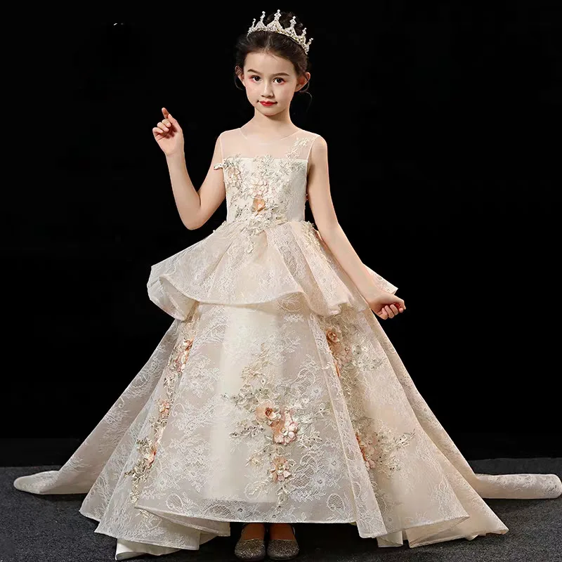 

High-Quality Children Girls Luxury Flowers Lace Birthday Wedding Party Long Tail Dress Kids Teens Model Performance Host Dress