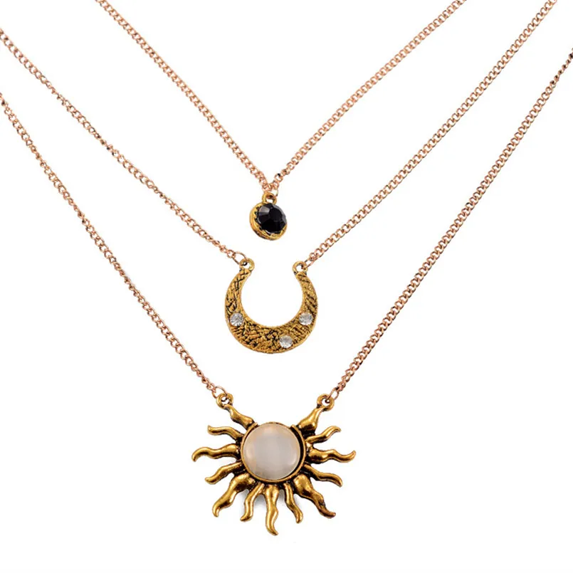 

Retro Multi layer Chain Long Necklace Vintage Sun Moon Necklaces Pendants for Women Colar YWYG4109