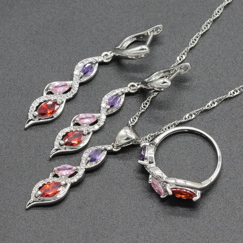 

925 Silver Bridal Jewelry Sets Multi Color Red Blue White Green 5 Color For Women Drop Earrings Necklace Pendant Ring