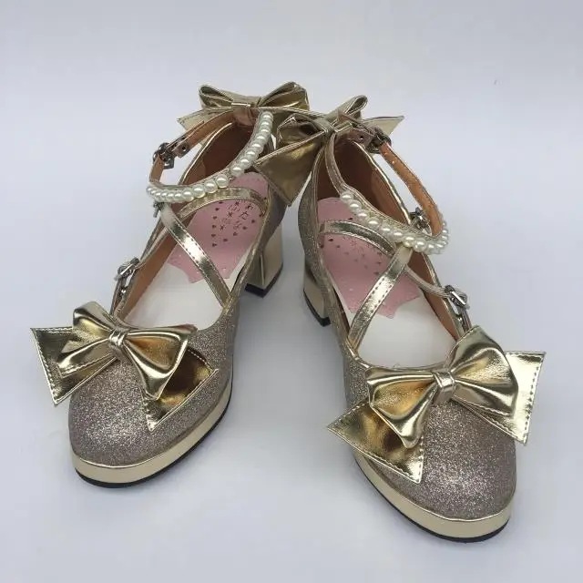 Womens-Shiny-Black-Silver-Sequin-Pumps-Bow-Strap-Cross-Pearl-Ankle-Strap-Princess-Lolita-Shoes-Custom-Tailor-Available- 10