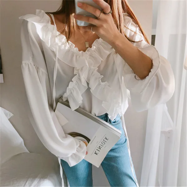 

RUGOD 2019 Women Summer Blouse Solid Expose Back Lace Neck chiffion Chemise