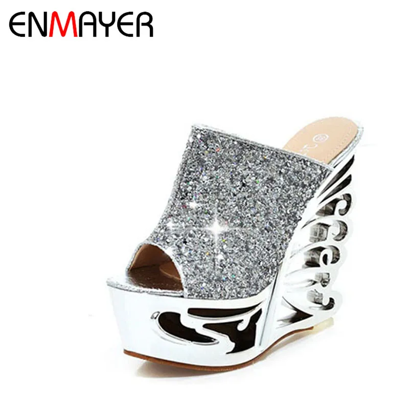 

ENMAYER Shoes Woman Summer Hollow Wedges High Heels Gladiator Sandals Women's Gold Silver Glitter Fashion High Heels Slippers