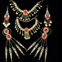 Индийские танцевальные ювелирные изделия девушки Женщины Танец живота красное ожерелье набор(украшение волос+ ожерелье+ серьги+ палец