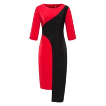Women Color Block Bodycon Pencil Dress Woman Plus Size 3/4 Sleeves Work Sheath Dress Irregular Midi Office Lady Career Dresses two tone peplum sheath work dress with sleeves
