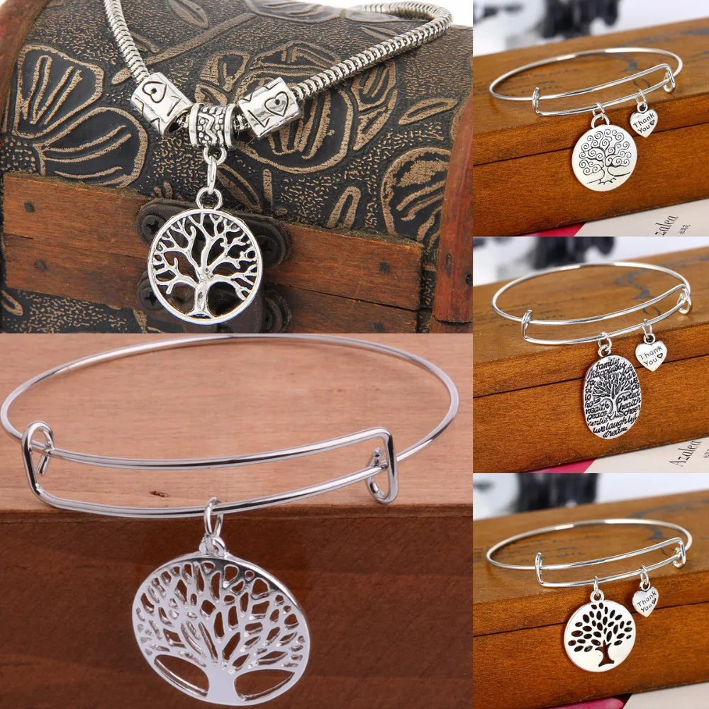 

Thank You Love Heart Charm Bangle Tree Of Life Pendants Bracelet Family Gift Women Wedding Jewelry BFF Friends Souvenir Presents