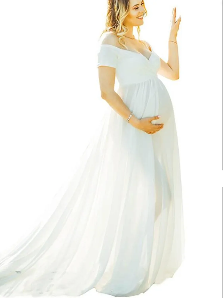 Maternity Short Sleeve V-Neck Dress Off Shoulders Half Circle Gown for Pregnant Woman Baby Shower Photo photography Props Dress