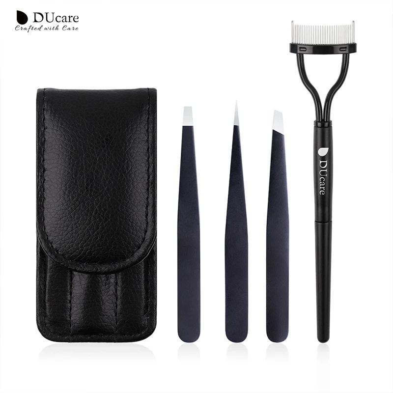 

DUcare 3 PCS Eyebrow Tweezers and 1 PCS Foldable Eyelash Comb Point Tip/Slant Tip/Flat Tip Makeup Tools