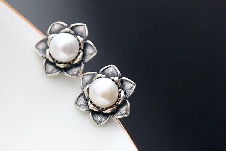 

silver earrings with multi petal female natural pearls 925 Sterling Silver Earrings