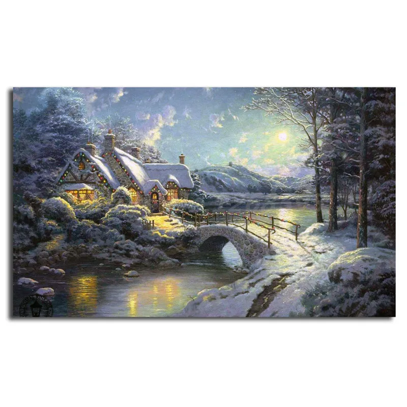 

Puzzle Thomas Kinkade Christmas Moonlight Canvas Posters Prints Wall Art Oil Painting Decorative Picture Modern Home Decoration