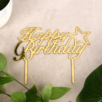 

Decoration happy birthday black gold acrylic Rhinestone Cake Topper