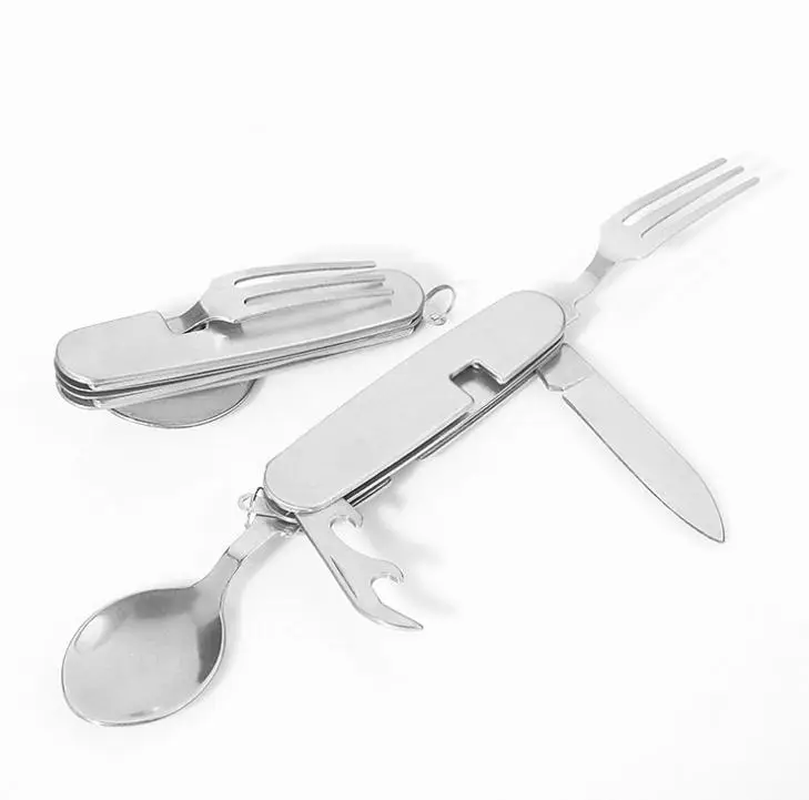 

4 In 1 Foldable Dinnerware Set Knife Spoon Fork And Can Opener Multipurpose knife mini keychain Multifunctional Key Pocket