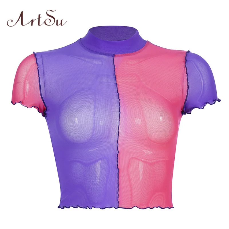 

ArtSu Women Sexy Crop Top Transparent Mesh Top Patchwork Bodycon Streetwear T shirt 2019 Summer Tee Shirt Femme Tops ASTS20746